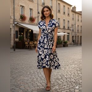 NWT Liz Claiborne Women’s Small Navy Floral Short Sleeve Jersey A-Line Dress S